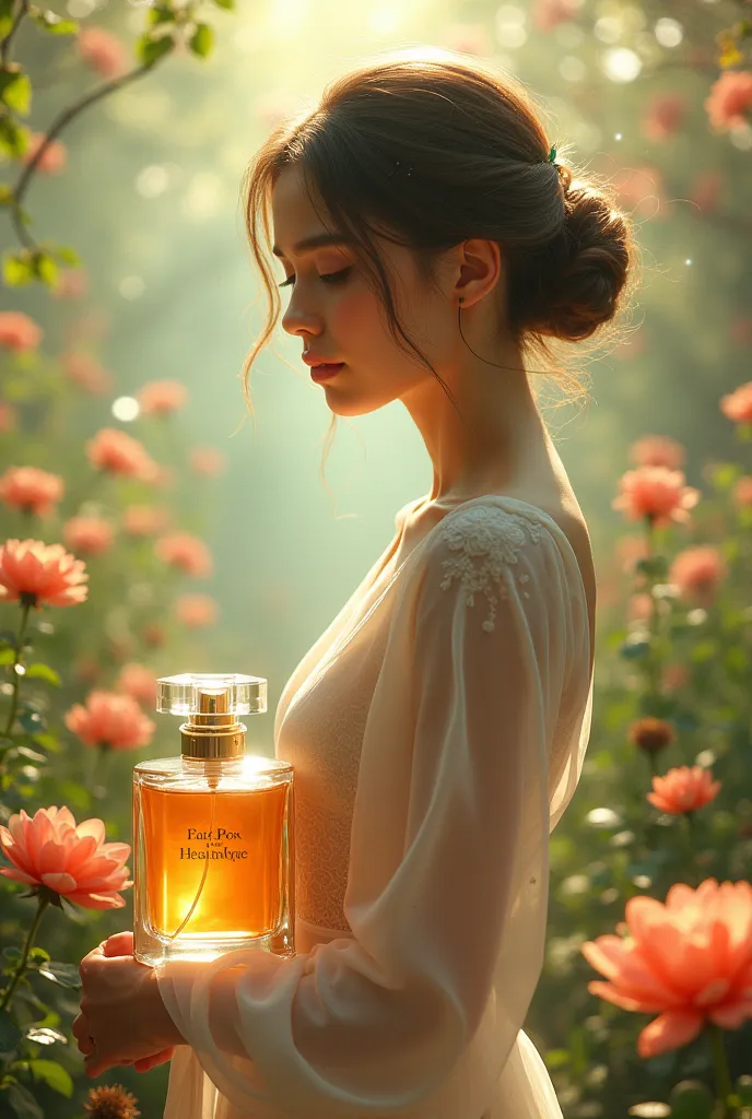 Spring perfume ad with an emotional message. The composition must contain a bottle of perfume