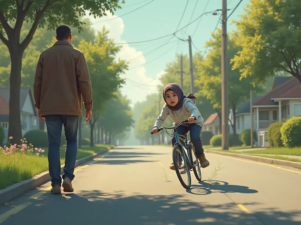 on a lone road, neighbourhood park in background, dad's pov,  girl wearing hijab falls from her bicycle  