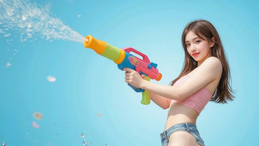 GIRL PLAYING WITH TOY WATERGUN