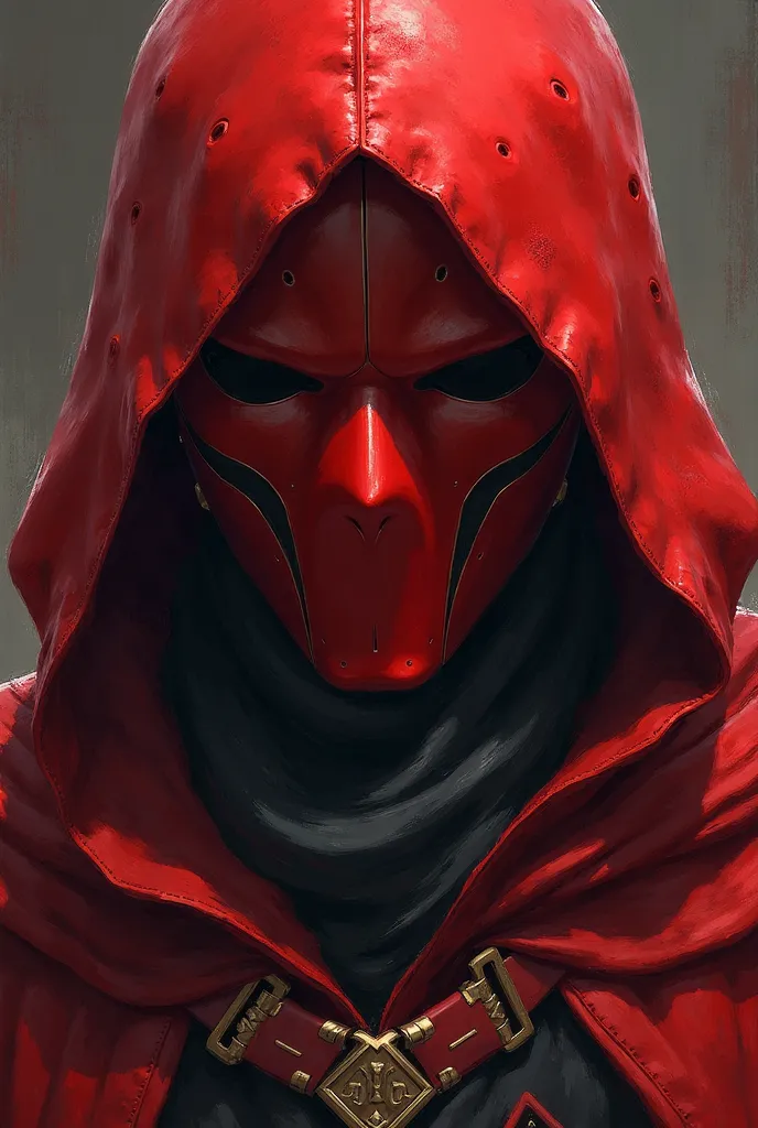 : close-up of a man in a red cloak and mask, digital rendering by amano,  pixiv ,  creating paintings of , Эдельгард из Fire Emblem,  Edelgard Fire Emblem , a magician in a red hood ,  The villain in the red mask They are , beautiful male god of death,  ba...