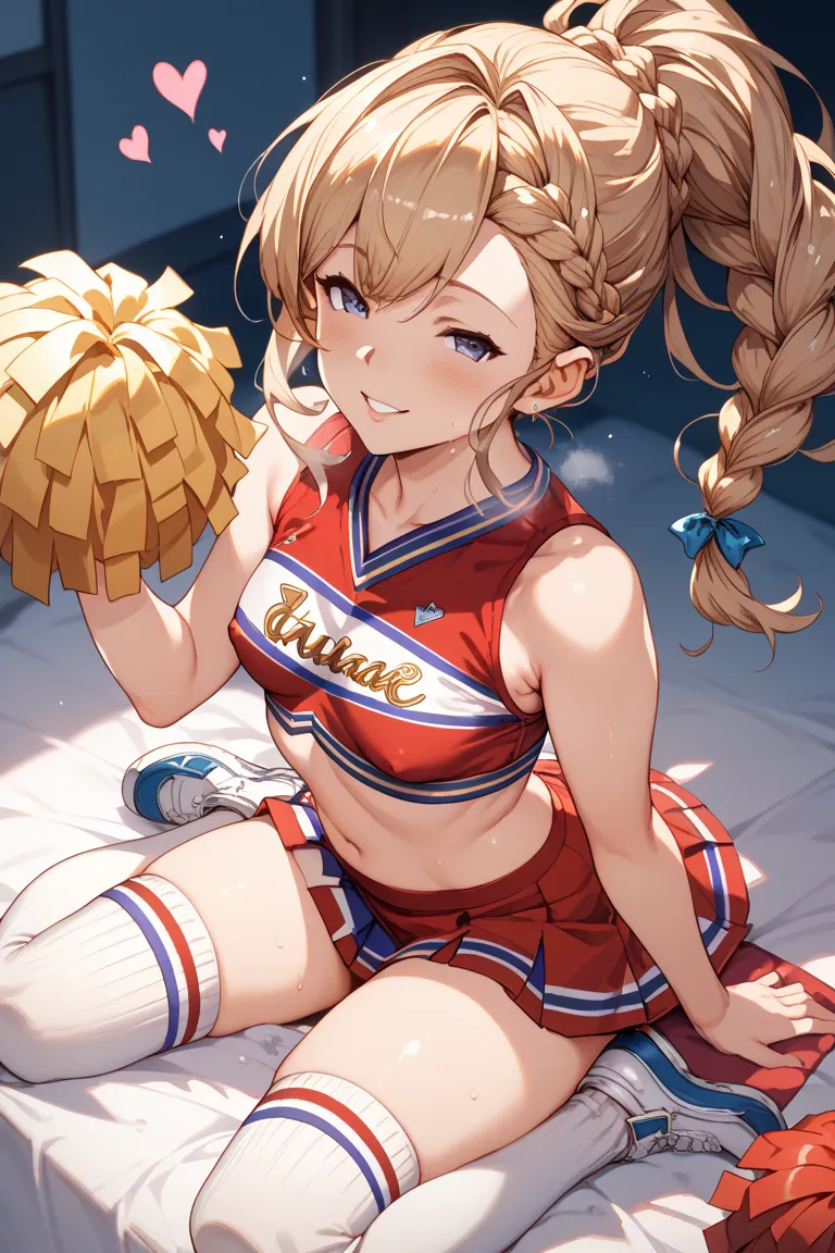  granblue fantasy ,mature female,cheerleader, ｛｛｛over-kneehighs｝｝｝small breasts, in heat, braid ponytail, seductive smile