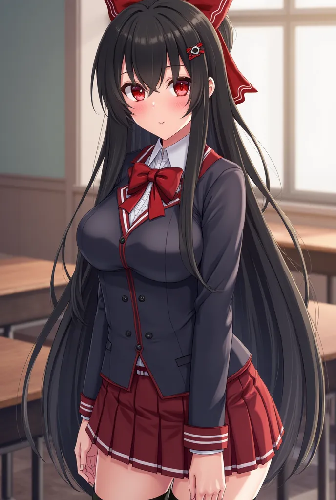 setsunakiyoura, setsuna kiyoura, 1.9 meters tall, extremely long black hair down to her calves, large breasts F cup size, (red eyes:1.5), hair bow, red bow, BREAK skirt, thigh high boots, bow, school uniform, pleated skirt, shoes, black thigh high boots, z...