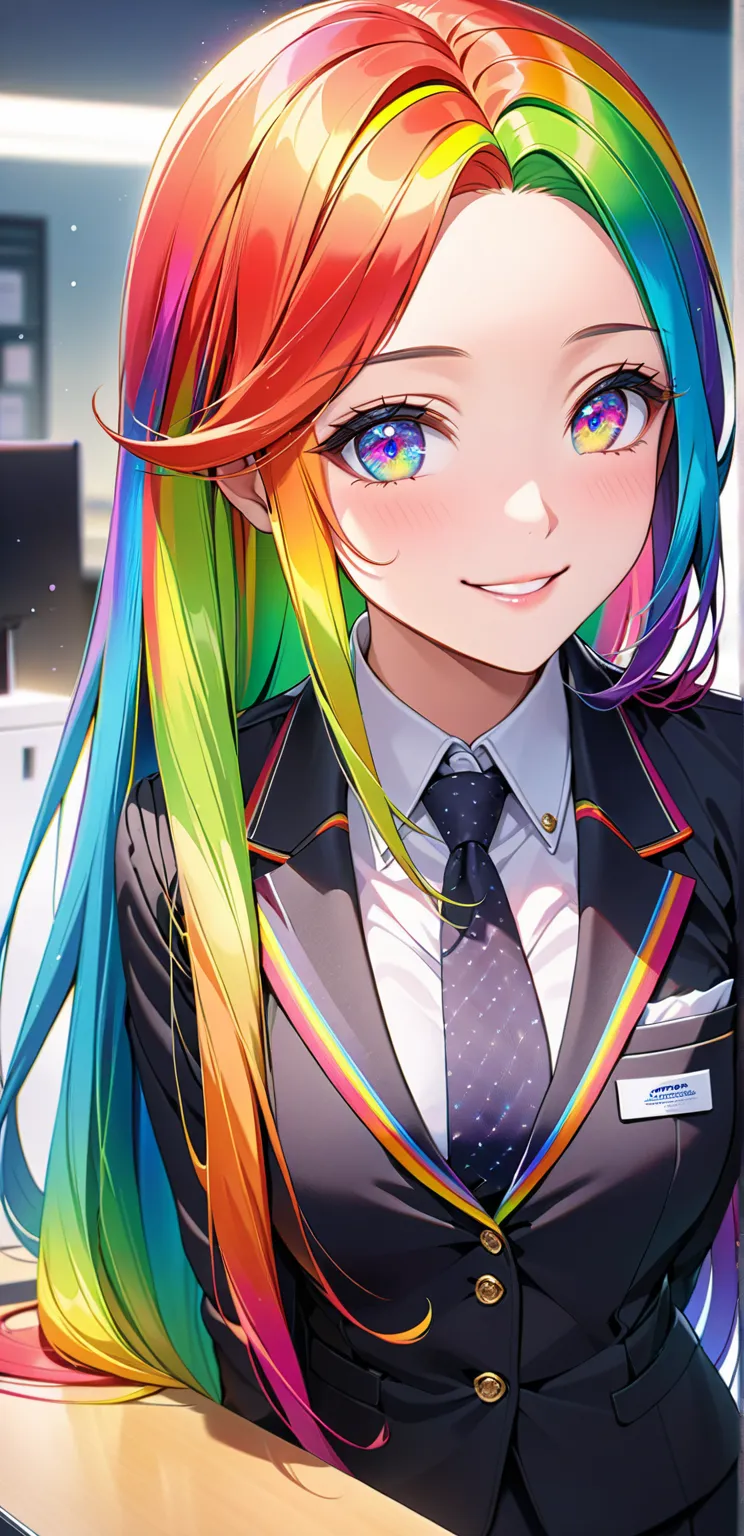 Ultra high resolution, rich colors, perfect image, top quality, detailed image, beautiful woman, glowing skin, skin and clothing texture, delicate eyes, office, receptionist, smiling gently, receptionist outfit, tie, (((rainbow long hair))), rainbow eyes