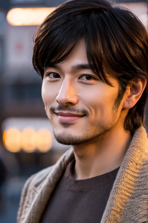 photorealistic, 8k、face up、Handsome, Japanese,  25 year old man, charming expression at dusk, Details Face Details,  Tokyo ,  winters , facing the front、A gentle gaze, smiles, My hair is wavy