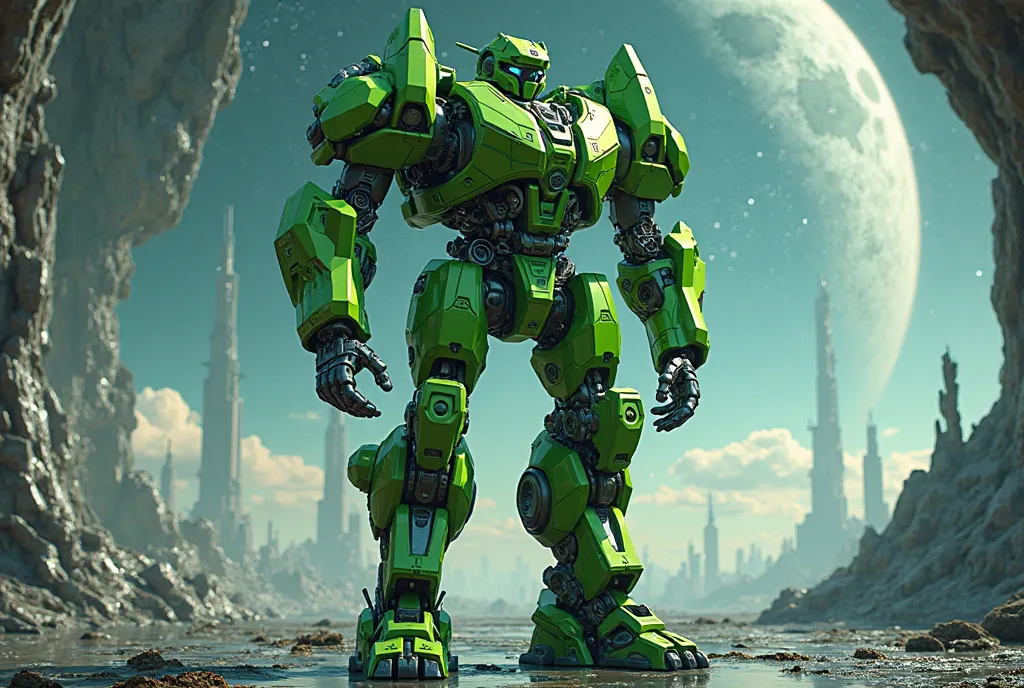 Harsh green robot, full length, stylish transformer, space background, cyberbank,  is centered , along the edges of the indentation with the background