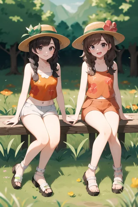 masterpiece, best quality, highres, selene2, 2girls, duo, white shorts, selene \(pokemon\), twin braids, shirt, hat flower, long hair, bangs, red flower, orange shirt, eyelashes, sleeveless, brown hair, brown headwear, grey eyes, sleeveless midriff shirt, ...