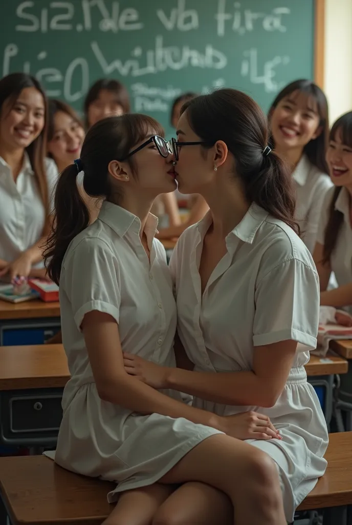 Girl dressed in school uniform sitting on the legs of a woman with a big bust ,with lenses , KISSING HER ON THE MOUTH, in a classroom, with a lot of women around kissing and laughing 