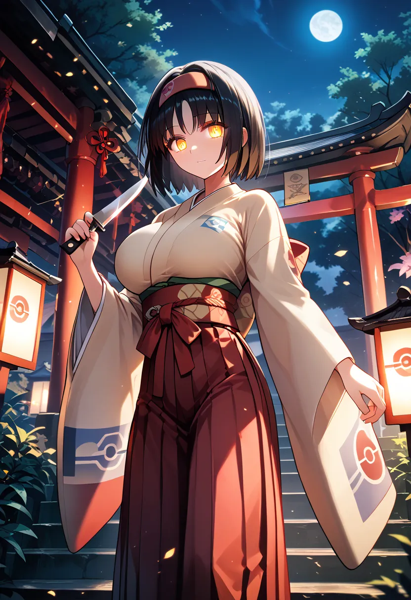 pokemonerika, yellow eyes, black hair, headband, short hair, huge breast, slender, japanese clothes, kimono, hakama, red hakama, long sleeves, wide sleeves, glowing eyes, holding knife, lighting, Shinto shrine, night, (masterpiece, best quality, ultra-deta...