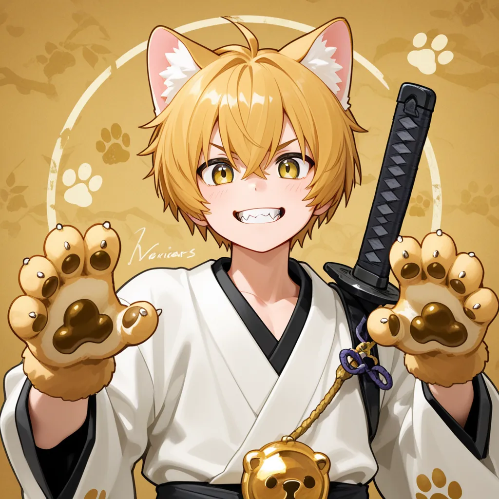 minicars　Cat ears　 boy　 kimono　 Japanese sword　Jagged teeth　 Gold　paw mark on background　Hands are human　