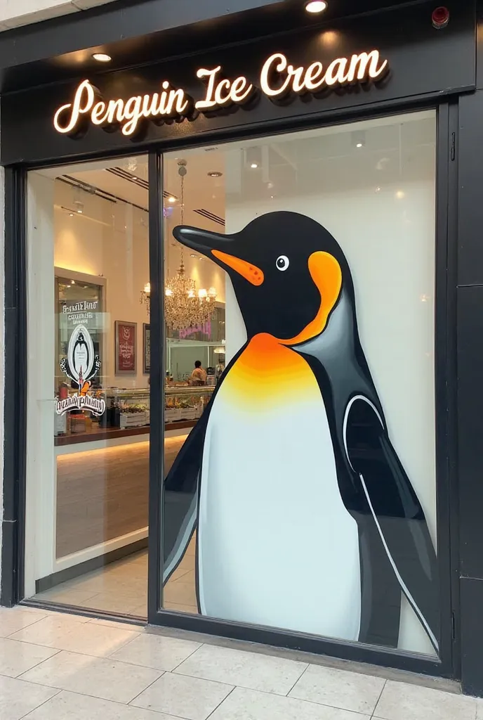 
Front of the "Penguin Ice Cream" shop in Al Zahraa, Maadi. The facade features a transparent glass display that reveals the bright interior of the shop. On the wall, there is a poster-style cartoon drawing of a penguin, rendered in its natural colors (bla...