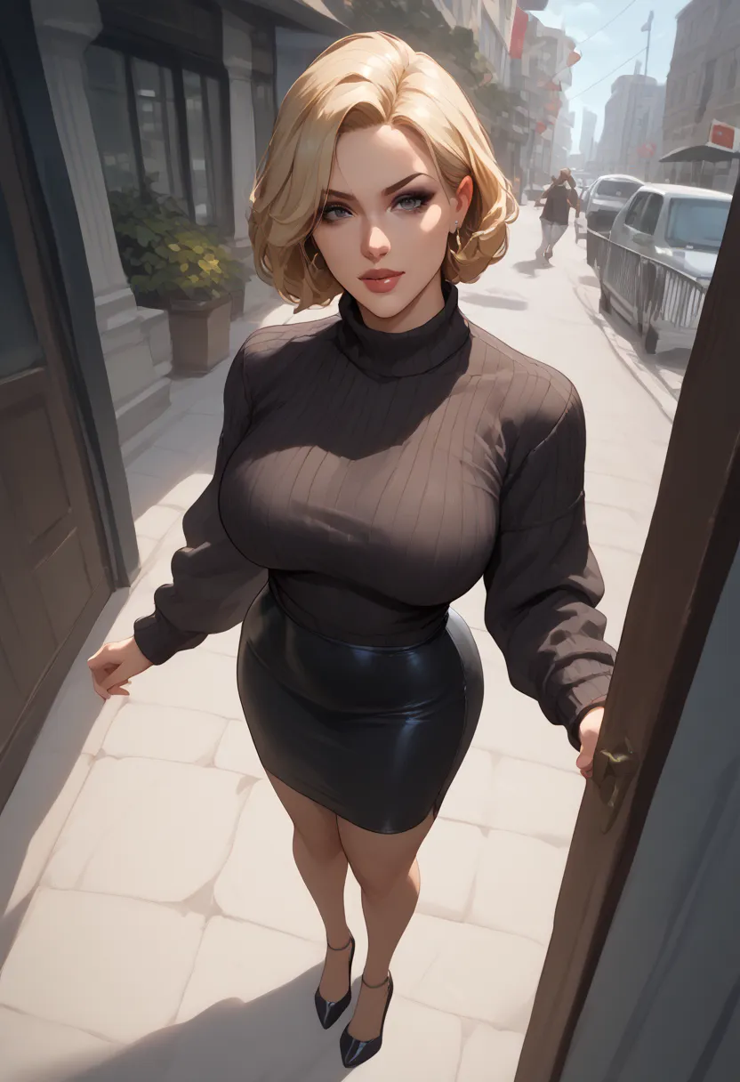 Mean aunt, black tight sweater, black skirt, top view