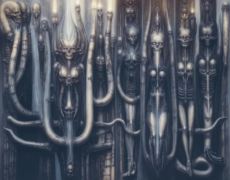 Please reproduce the original image as accurately as possible, capturing the intricate details of the biomechanical structures, the dramatic lighting, and the overall sense of unease. Find and enhance depiction of Giger's demons and creatures.(best quality...