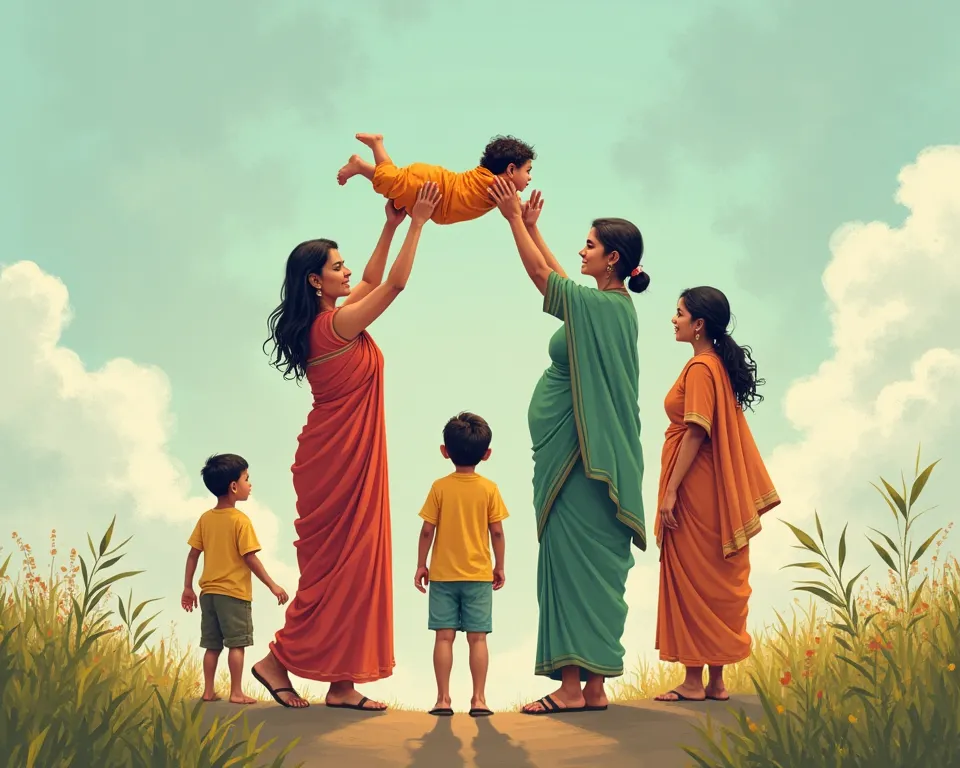 4 women holding 1 floating baby on the air. first woman is old women wearing a Bangladeshi saree. 2nd woman is kind a fat women. 3rd woman is casual. 4th women is also casual woman. Meanwhile 2 boys are walking to their path. One is older brother, kind a t...