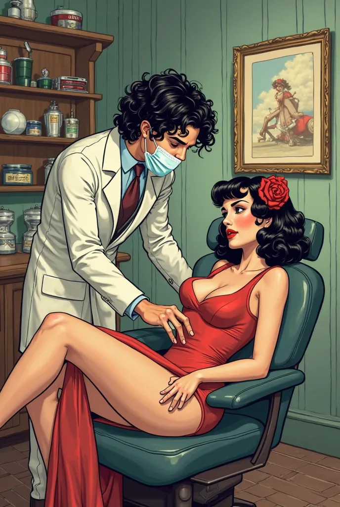 Disney-style comic of the 20s of a male dentist with a mask and black curly hair and a client on the office couch, a woman all redone with big lips and redone tits