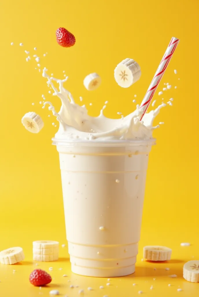 realistic white milkshake in a plastic cup with a straw on a raspberry-yellow background, pieces of banana and strawberry are flying in the background, splashes of milkshake are flying in different directions