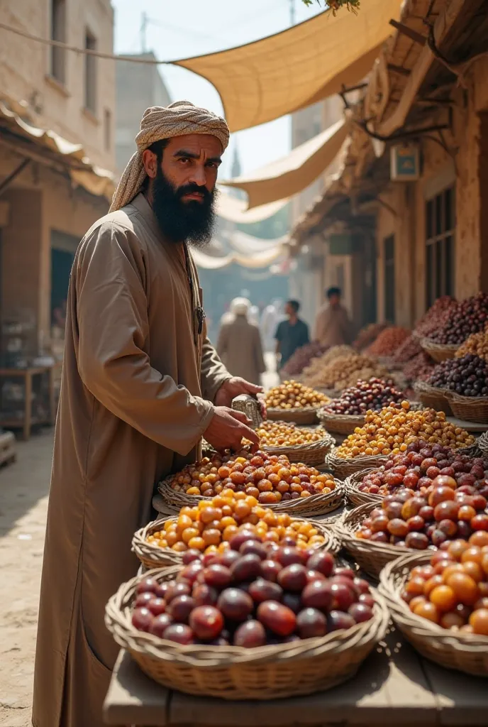 "An old-time shopkeeper in the historic city of Madina, selling dates in a traditional open-air market. The shopkeeper is an forty years old man with black beard, wearing a long robe and a white or brown turban. His shop is a simple wooden stall with baske...