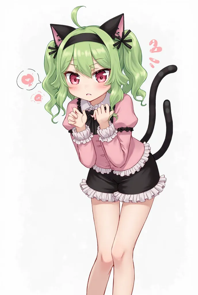 Character Features (Gender-Neutral Ver.)
	•	Hairstyle & Color: Long, wavy green hair styled in a twin-tail-like fashion, adorned with black ribbons.
	•	Eyes: Large pinkish eyes with a slightly sharp gaze, giving off an androgynous vibe.
	•	Expression: Puff...