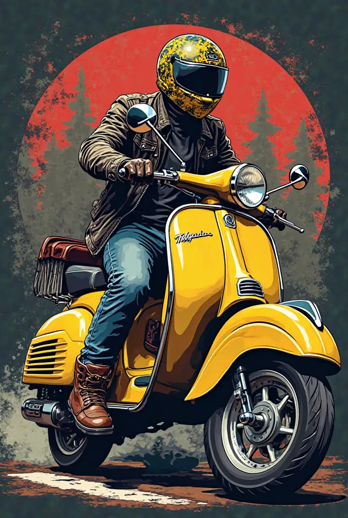 T-shirt image design ,
with the Title above written "JAMROCK2025" and "JAMBORE ROCK N ROLL INDONESIA" under it.
Dengan close up bagian belakang tengkorak pengendara vespa clasik memakai jacket rock and sepatu boots memegang botol hijau