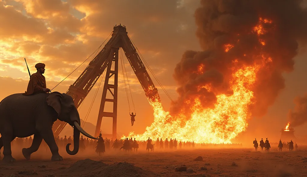 "A powerful cinematic depiction of Prophet Ibrahim (AS) mid-air, flying toward a monstrous fire pit after being launched from a colossal catapult. The catapult is operated by soldiers, and its size is so massive that it is being pulled by elephants. King N...