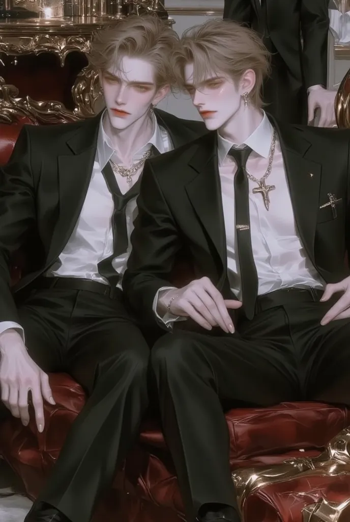 Two men,twins,In the office,wearing a black trouser suit shirt. Both men,Short golden hair, another black,Look at the camera,sitting on sofa,Both handsome faces,Maid, โมเดลMaid, high detail, Maidสุด, quality, 