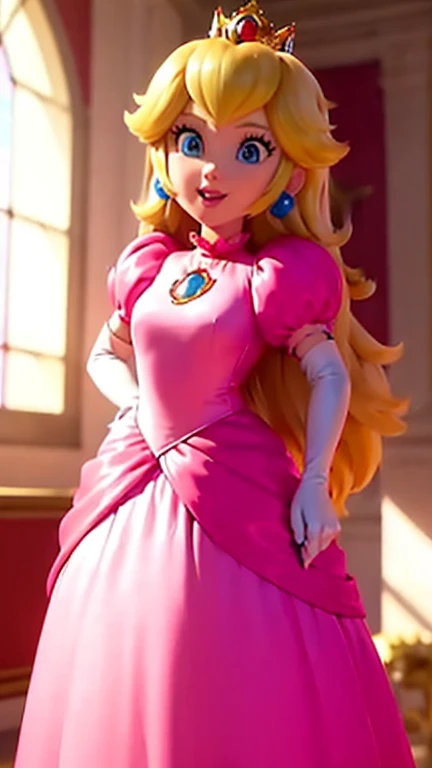 (Inside a castle setting,)  A petite Princess Peach wearing a beautiful hot pink mini dress, white pantyhose tights, pink strappy_heels, she is gentle and compassionate and is shown smiling gently, she is over 6 feet tall and wears a golden crown atop her ...