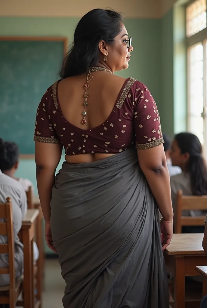 Back view,Full body image, Tamil  hourglass body, Indian  plus sized 40 year old Tamil teacher syamala, lovely face, suductive expression on face and lips, mouth slightly open, very huge breasts, wearing highly embroideried dark meroon colour glossy fully ...