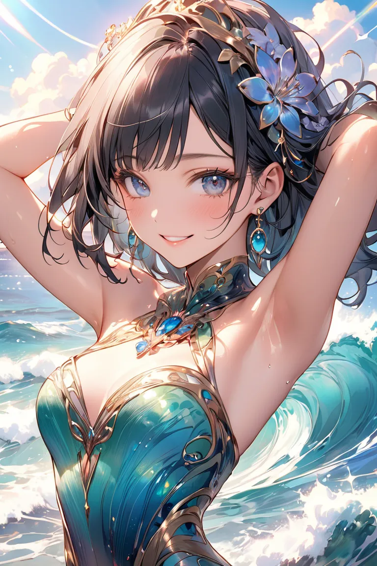 Detailed Background,((Mucha))((Art Nouveau))、water、 sunlight、laser beam、((sea))( sunshine、Wave、water平線、 White Clouds ),(masterpiece, top quality),has good colors,Based on blue and silver、 top quality, Amazing Details, anatomically accurate,  line art , wri...