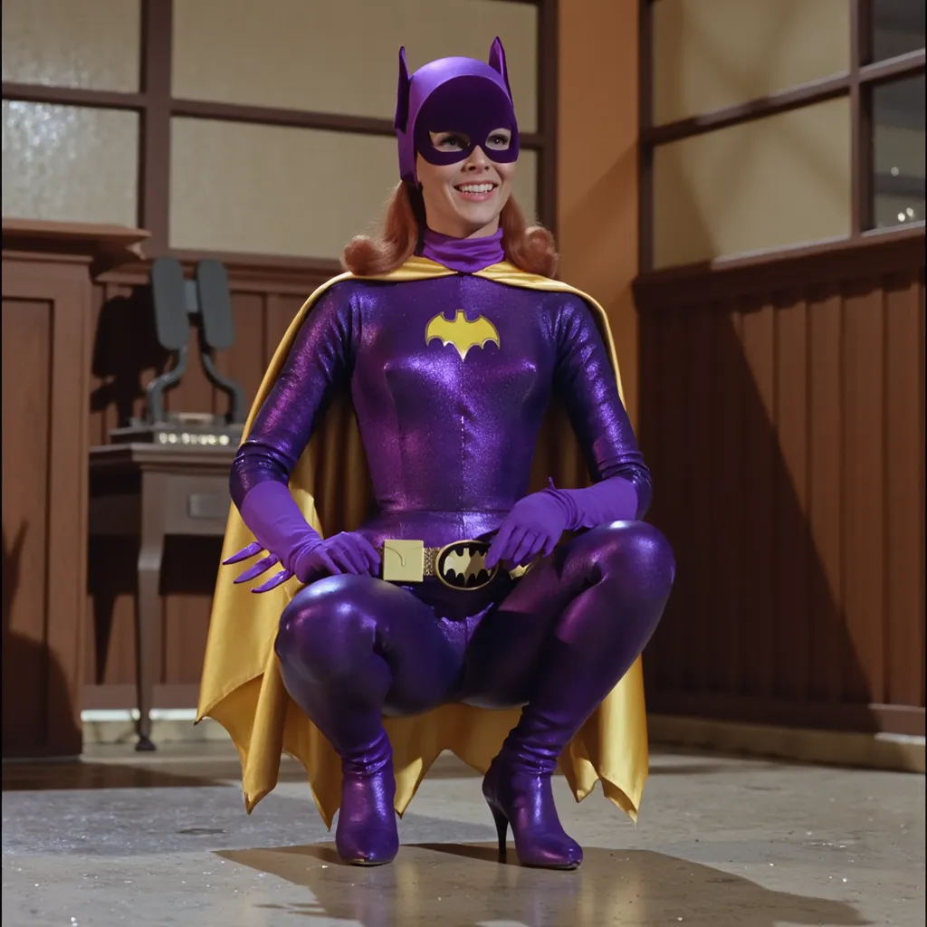 Masterpiece, Award Winning, High Quality, artgerm, solo, wearing retro Batgirl purple costume, big breast, retro red hair, looking at viewer, makeup, yellow Batgirl cape, b4tg1rl woman, posing sexy, Yvonne Craig woman, sexy purple Batgirl gloves, sexy purp...