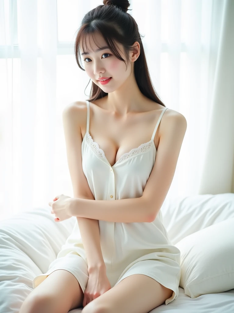 Create an image that photo-realistic. The background is slightly blurred, creating natural feelings.  Cute 18 year old korean high school girl 、 very cute face、Very fair skin、Pear-shaped body type.  Actual item、Super tight, F Cup，sexy, gorgeous, cleavage, ...