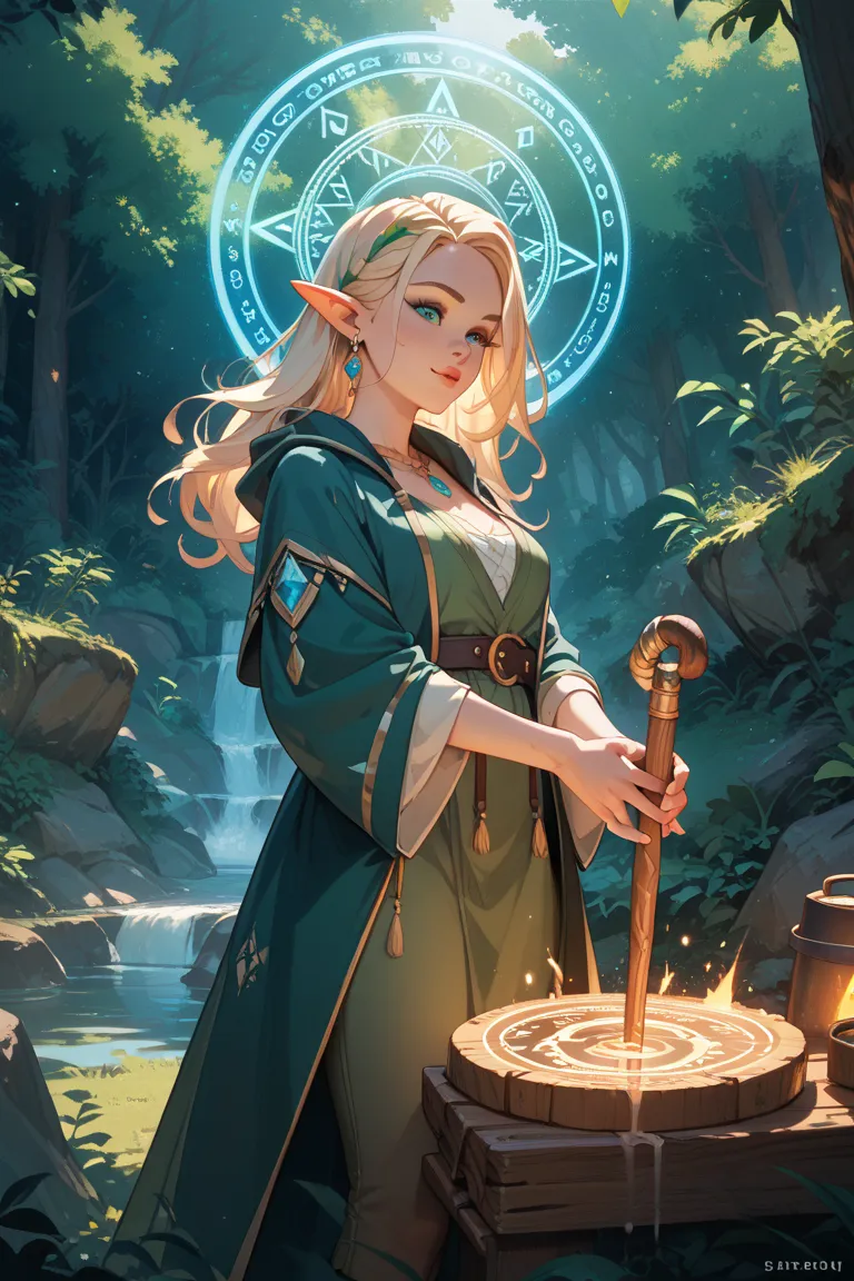 A wizard elf girl is about to release magic from a two-handed cane with a large jewel　The girl wears a robe、Standing on the magic circle。The camp has light、Seems like powerful magic　The blue-hued team