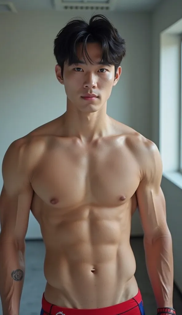 Handsome and sexy Korean ager, young, boy, shirtless, looks like Cha Eun-Woo, wearing Spiderman underwear open on one side and showing his sixpack abs, muscular, sixpack, young, front view, Korean idol, biceps and triceps, Spiderman gloves, young, , muscle...