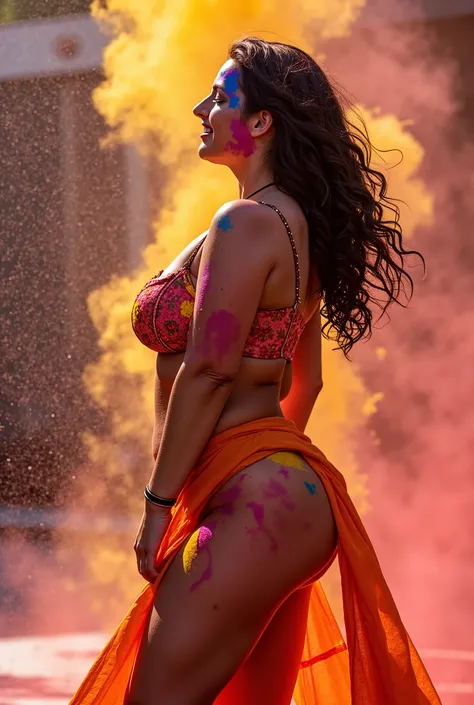 a lady with curvy body colour on her tits wear bra and short saree water splases in her body holi time she is filled with colour in her looks very seducive

