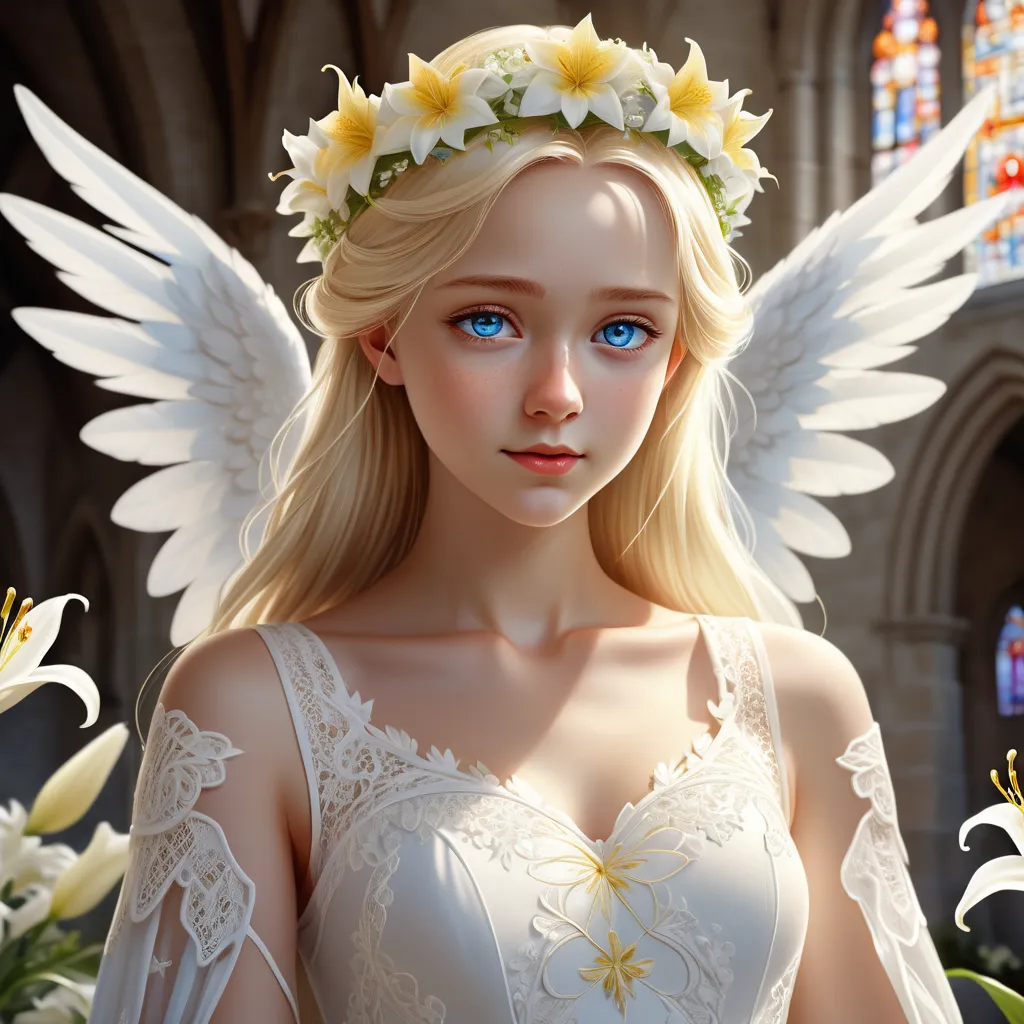 top quality, highest image quality, Ultra-precise anime-style illustration, blonde angel girl, white wings, sparkling blue eyes, lace on delicately embroidered white dress, crown made of white and yellow flowers on head, lots of white lilies around, mediev...