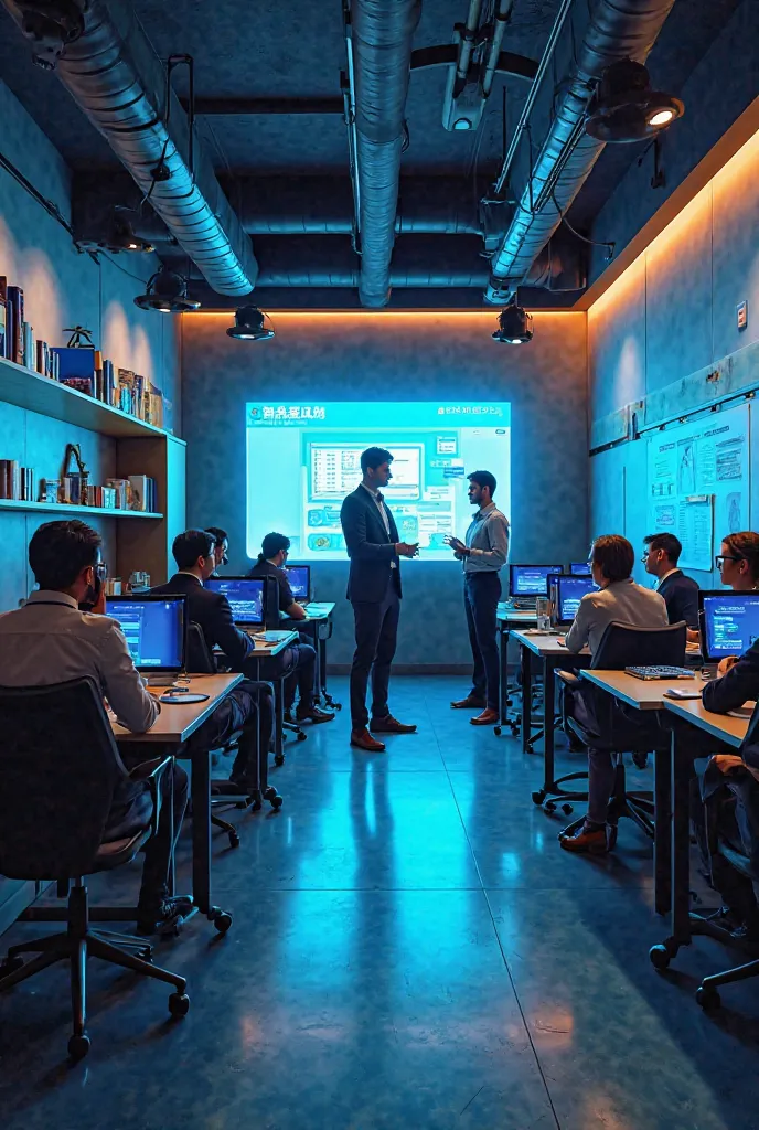 Une belle image de salle de formation professionnelle aux couleurs bleu , noir et marron