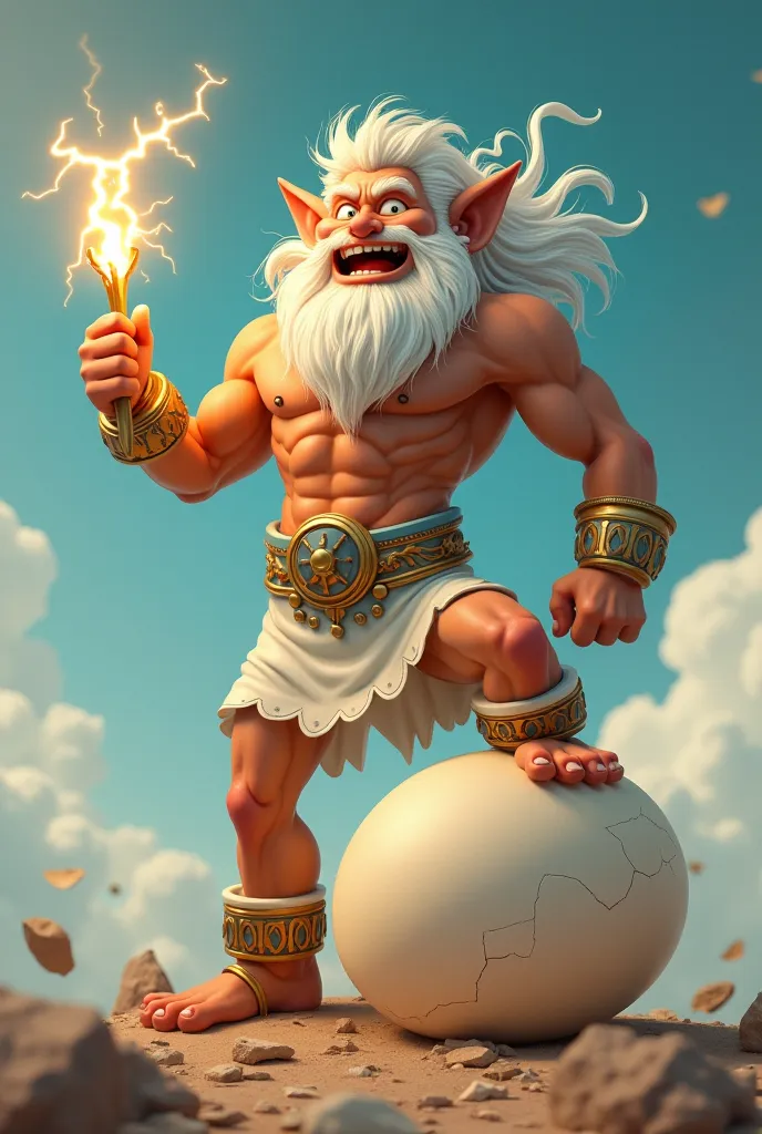 Zeus cartoon in troll face hold the thunder with stomp on big egg with cracked shell