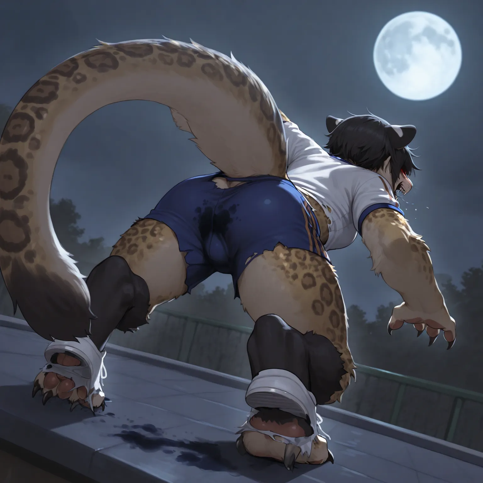 best quality,masterpiece,(realistic),Furry,(Kemono),transformation,((realistic Leopard)),boy,(((realistic gym_uniform))),ripped uniform,briefs,(torn shorts),ripped shoes,white shoes,evil face,sharp claws,((big_tail)),night,fullmoon,on the roof,black hair,c...