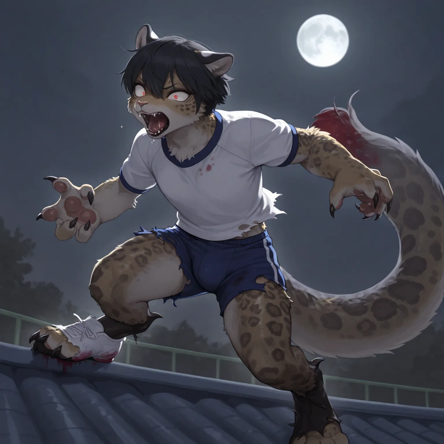 best quality,masterpiece,(realistic),Furry,(Kemono),transformation,((realistic Leopard)),boy,(((realistic gym_uniform))),ripped uniform,briefs,(torn shorts),ripped shoes,white shoes,evil face,sharp claws,((big_tail)),night,fullmoon,on the roof,black hair,c...