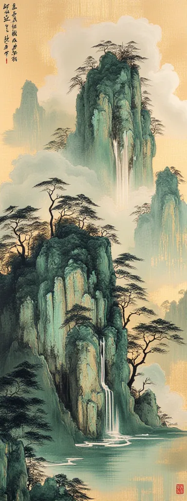 ((mountain water painting)), ((Light Gold Titan Calligraphy {x} Ink Painting Landscape Long Volume)), Gongbi Ancient Tower, Wood Texture, Stone Green Deva, White Clouds, Macro Moss Texture, Rice paper texture ,  vertical composition , Wood Texture, Modern ...