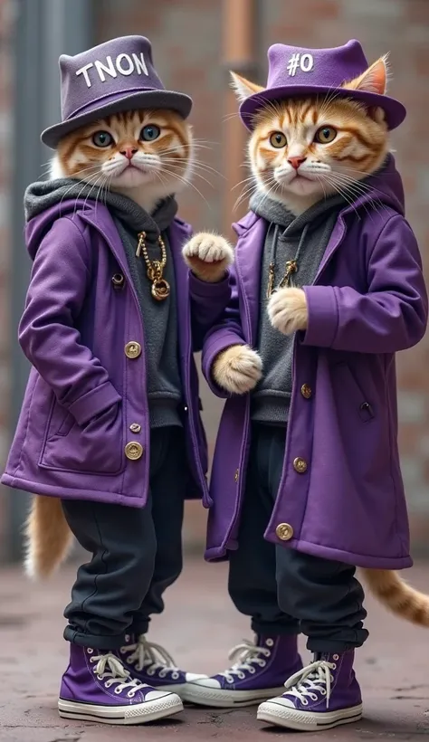 Two cool and cute male cats dressed as kepop dancers and stand dancing on the floor.。  The hat is written TNON。
. The color of the coat is deep purple, contrasting with silver..。Put on pants and sneakers .Background