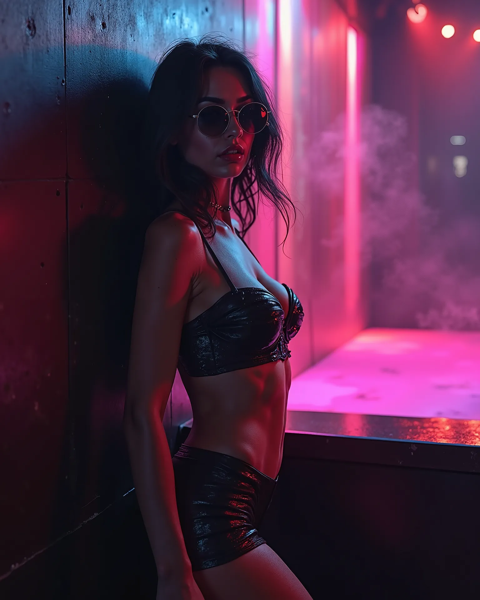 full body shot of a sexy girl leaning on a black wall in a nightclub, wearing dark sunglasses. Smoke on the platform and lots of colored lights.