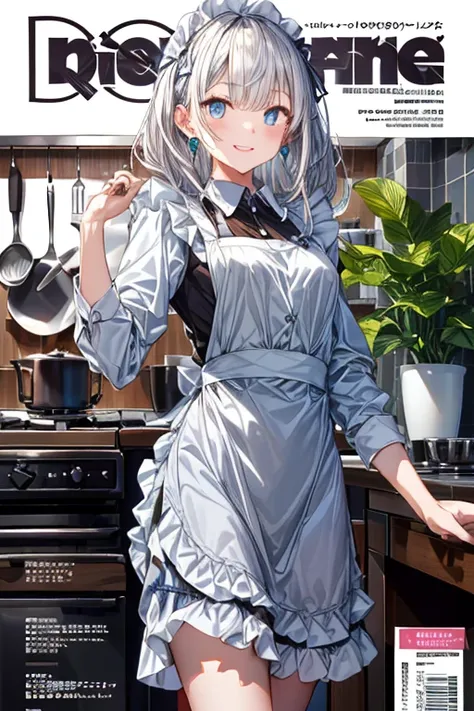 (from below:1.2),((1girl, silver hair, long hair, qutel blue eyes, beautiful eyes, pretty smile:1.5, ), coloring watercolor digital pencil ,Cherry blossoms falling,an animated painting of a woman in an apron standing at a coffee maker, 1girl, brown hair, s...