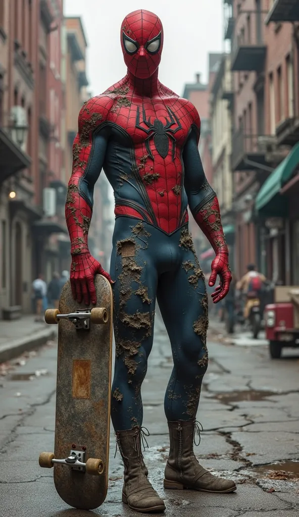 Spider-Man in a worn and dirty suit, Who is holding an old skateboard, in an urban environment with worn roads. He has an expression of determination.