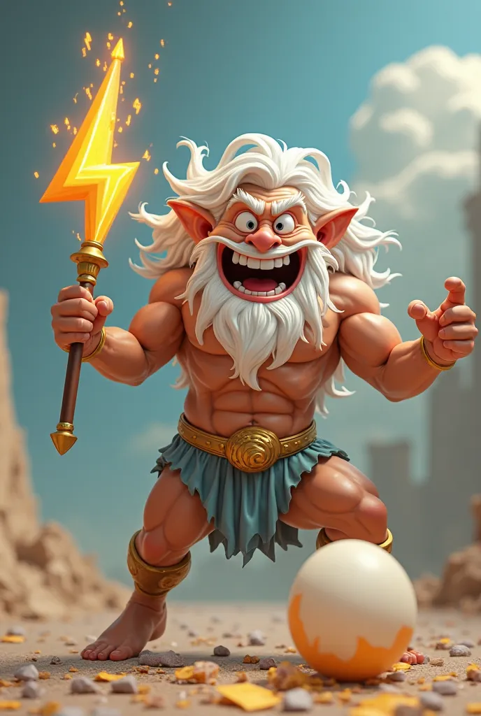 Zeus cartoon in troll face hold the thunder bolt(3D effect) with stomp on egg with cracked shell