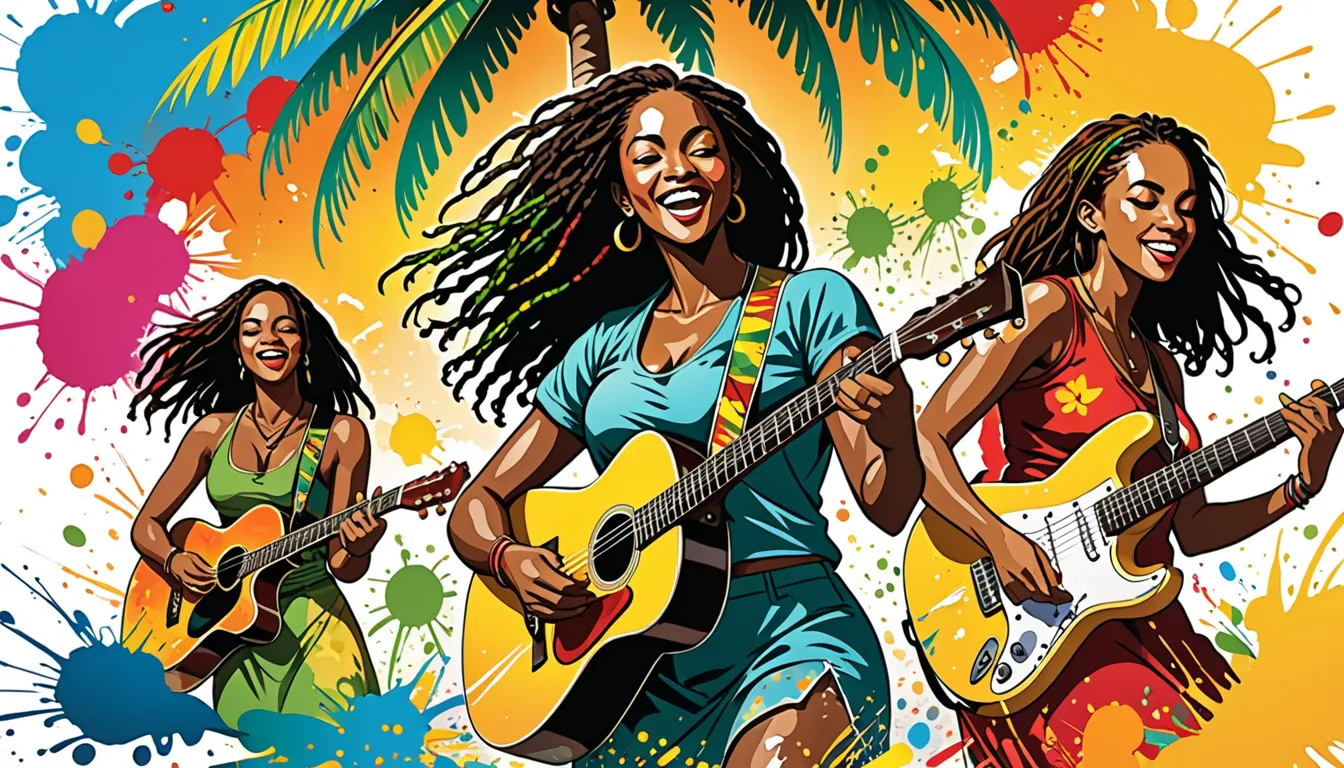  vector art,    lots of Jamaican reggae   ,   authentic Jamaican reggae music atmosphere，  color illustration ,  Vine ,  bright color,    Paint splatters and stains   , high detail, 
Palmera, A man and a few women are playing guitar、 strand,graphic paintin...