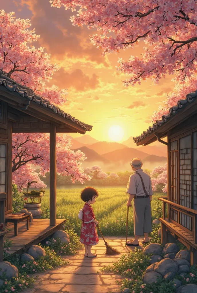 A peaceful Japanese countryside village at sunrise, inspired by Ghibli-style anime. A young girl in a yukata sweeps the wooden porch of her traditional house while an old man tends to his bonsai garden. A cat sleeps on the engawa (veranda), and morning mis...