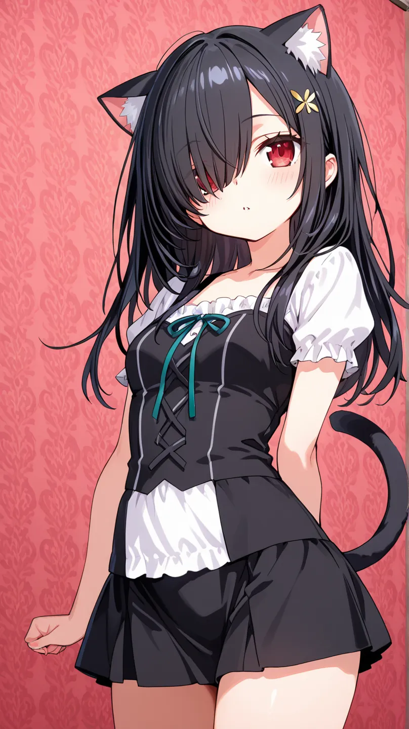 room, Score_9, score_8_up, score_7_up, score_6_up, source_anime, rating:general, 1girl, beautiful woman, beautiful body, curvy, nya, neko ears, neko tail, random sexy pose, slut, 1 girl, kurumi tokisaki casual, long hair, black hair, red eyes, hair over on...