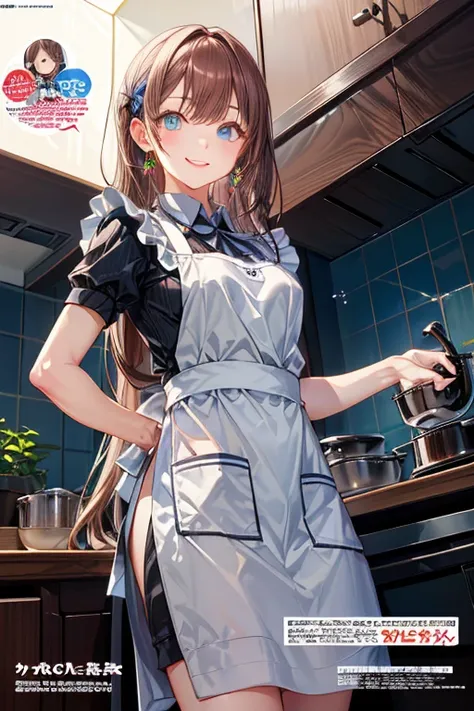 (from below:1.2),((1girl, brown hair, long hair, qutel blue eyes, beautiful eyes, pretty smile:1.5, ), coloring watercolor digital pencil ,Cherry blossoms falling,an animated painting of a woman in an apron standing at a coffee maker, 1girl, brown hair, so...