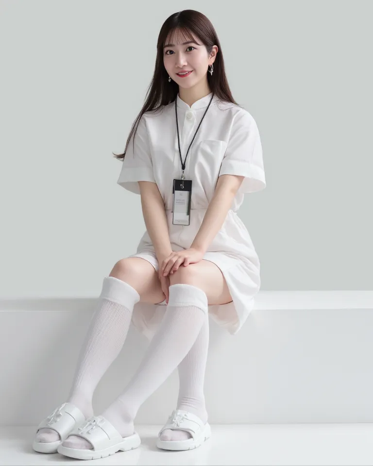 (    photorealism   :1.2)、 Full body portrait tall、Premium rich NIKE mark white socks、beautiful日本人モデル、39;  thick legs、  woman  、39;    nurse uniform     、   business files、I'm wearing a security card around my neck　  white sandals、smile、Bench on the White ...