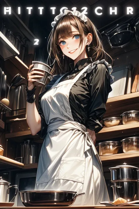 (from below:1.2),((1girl, brown hair, long hair, qutel blue eyes, beautiful eyes, pretty smile:1.5, ), coloring watercolor digital pencil ,Cherry blossoms falling,an animated painting of a woman in an apron standing at a coffee maker, 1girl, brown hair, so...