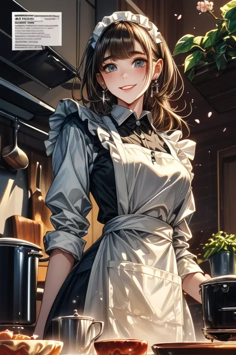 (from below:1.2),((1girl, brown hair, long hair, qutel blue eyes, beautiful eyes, pretty smile:1.5, ), coloring watercolor digital pencil ,Cherry blossoms falling,an animated painting of a woman in an apron standing at a coffee maker, 1girl, brown hair, so...